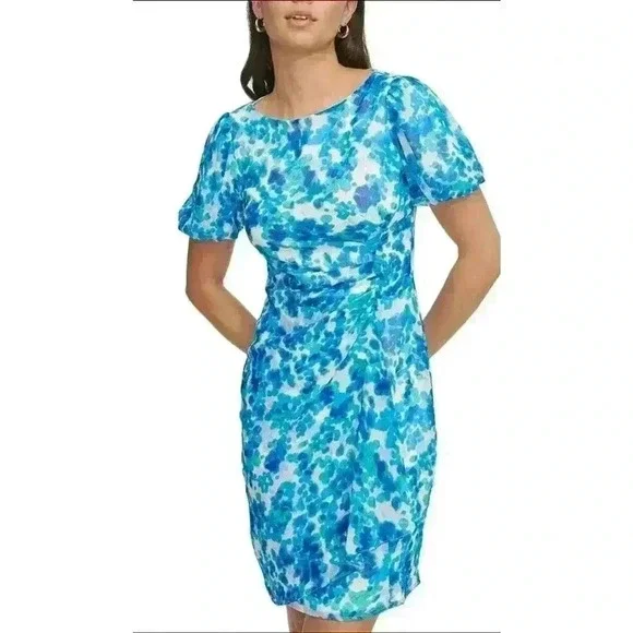 DKNY Women’s Printed Floral Chiffon Boat Neck Sheath Wrap Dress Size 10 - Picture 7 of 14